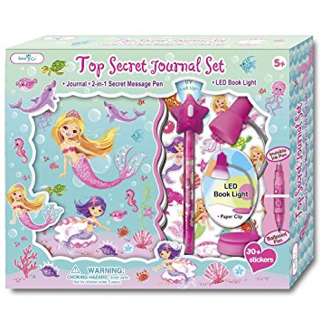 SmitCo LLC Journals For Girls, Secret Personal Diary For Kids In Mermaid Theme, Including Invisible Ink Pen With Blue Light, 100 Page Blank, Lined Notebook, Clip On LED Book Light and 1 Sheet Stickers