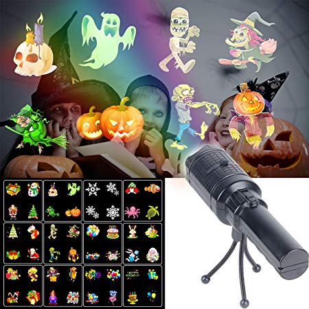 LED Projector Flashlight, UNIFUN Battery Operated Christmas Portable Projector Light with 12 Pattern Slides and Tripod for Halloween Easter Birthday Party Holiday Decoration Xmas Gift