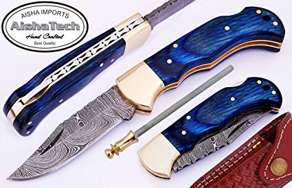 AishaTech Cub Scouts Lock blade Pocket Knife Damascus Steel Blade Brass Bolster With Sharpening Rod Prime Quality Blue Wood handle