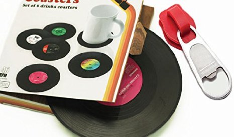 Vintage Vinyl Record Beverage Coasters Set (6 drink Coasters for wine, beer, hot and cold drinks) Including zipper bottle opener