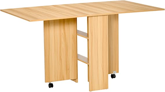 HOMCOM Mesa de Comedor Plegable con Ruedas Estante Multifuncional para Comedor Salón Mesa Auxiliar 3 Formas Espacio Ahorrado Madera