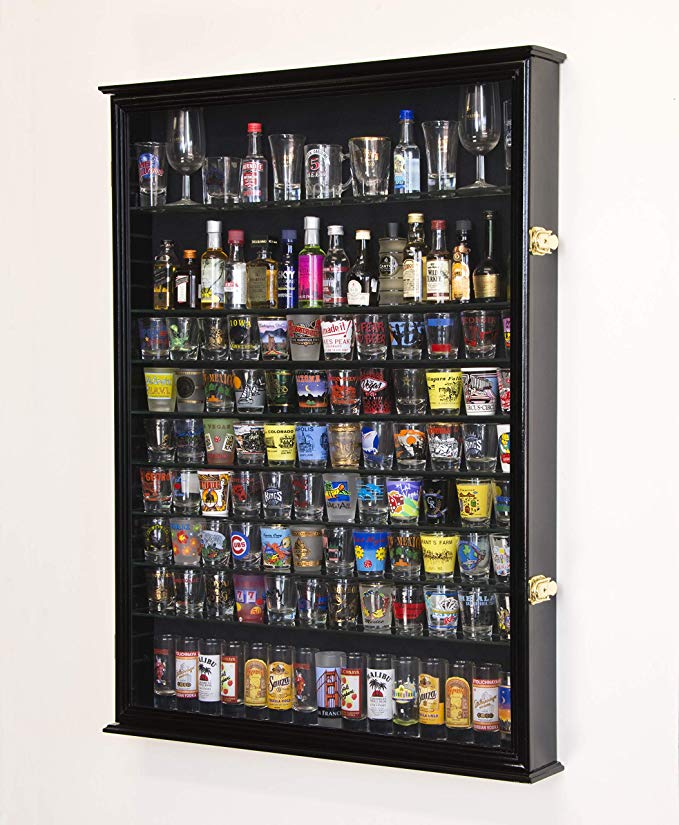 XL Shot Glass Display Case Rack Holder Cabinet for Tall Shooter and Mini Liquor Bottle -Black
