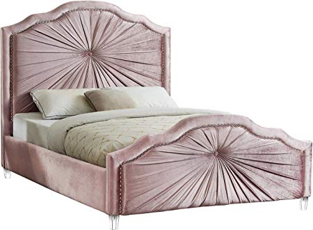 Meridian Furniture RosiePink-Q Rosie Collection Modern | Contemporary Pink Velvet Upholstered Bed with Single Deep Tufting, with Starburst Design, Nailhead Trim and Acrylic Legs, Queen,