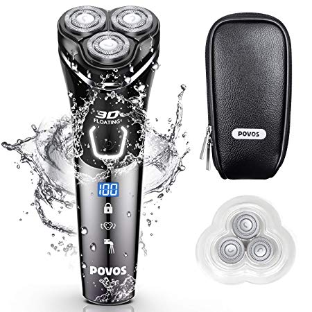 POVOS Electric Razor for Men, Quick Rechargeable Wet and Dry IPX7 Waterproof Cordless Electric Shaver,Men’s 3D Rotary Shaving Razor with Pop-up Beard Trimmer,Replacement Heads,100-240V and Travel Case