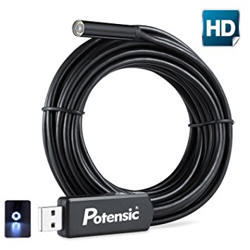 USB Borescope, Potensic Endoscope Inspection Snake Camera 2.0 Megapixels CMOS with 6 Adjustable Led Light - 16.4 ft(5 Meter)