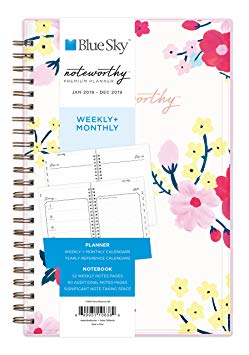 Blue Sky Noteworthy 2019 Weekly & Monthly Planner and Notebook, Flexible Cover, Twin-Wire Binding, 5" x 8", Cherry Blossom