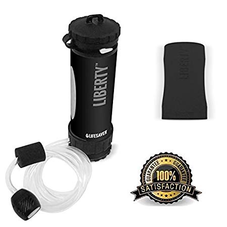 LifeSaver Liberty Water Filter Purification Bottle with Inline Pump & Protective Silicone Sleeve - Eliminates 99.9999% Bacteria, & 99.999% of all Viruses - 14oz Capacity