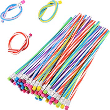 TecUnite 60 Pieces Flexible Bendy Soft Pencils Colorful Stripe Pencil with Eraser