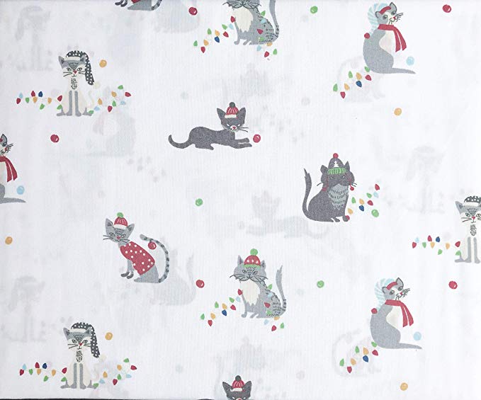 Jingles & Joy Bedding 4 Piece Queen Size Bed Microfiber Sheet Set Extra Deep Pockets Winter Christmas Holiday Cats Scarves Hats Festive Colors on White
