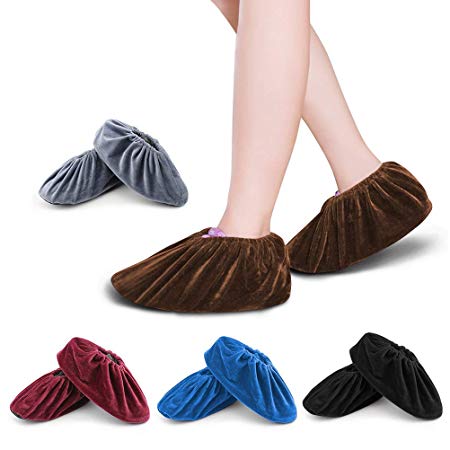 FOCCTS Washable Overshoes Reusable Shoe Covers, 5 Pairs Flannel Overshoes Non-Slip Shoe Covers for Laboratory Computer Rooms & Daily Use Reusable Indoor Elastic Boot Cover 5 Colors