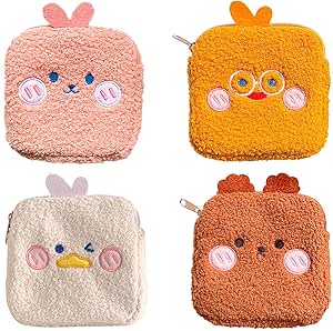 DOITOOL 4Pcs Period Bags for Teen Girls Waterproof Zipper Tampon Sanitary Napkin Bags Sanitary Pads Pouch for Teens Girls Women (Cartoon Plush)