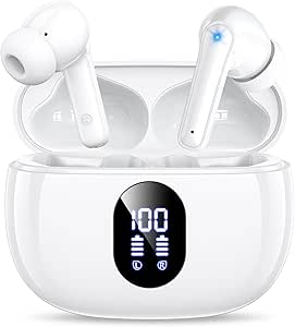 Wireless Earbuds, Bluetooth Ear Buds with Big Bass Stereo Sound, 48 Hours Playtime, Lightweight in-Ear Fit Earphones, IPX7, Hands-Free Calls with AI for iPhone, Android, Pad, Sports, Workout White