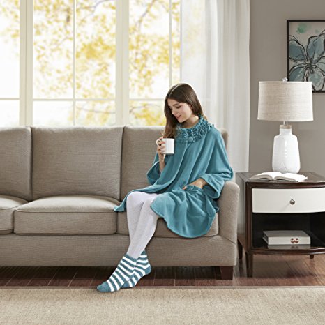 Comfort Spaces - Stylish Soft Microfleece Poncho Angel Wrap with Matched Sock Set - Travel Blanket - (One size fits most)- Teal