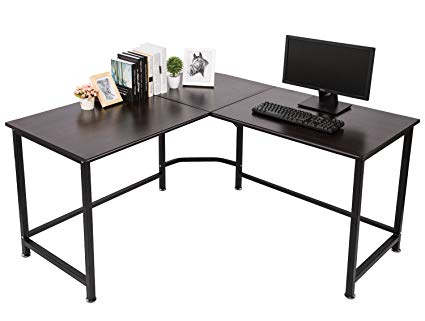 TOPSKY L-Shaped Desk Corner Computer Desk 55" x 55" with 24" Deep Workstation Bevel Edge Design (Walnut Black Leg)