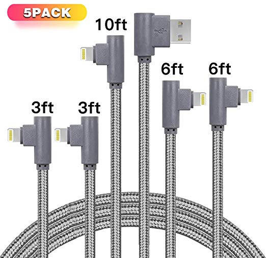 iPhone Charger (3/3/6/6/10FT) 5 Pack 90 Degree Right Angle Cord Fast Charging Data Cable Nylon Braided Compatible with iPhone Xs Max/XS/XR/7/7Plus/X/8/8Plus/6S/6S Plus/SE(Gray)