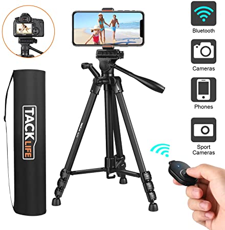 Tripod,150cm（60”）Camera Tripods with Bluetooth,Lightweight Tripods with Maximum Load of 5kg,Aluminum Phone Tripod for Iphone/Samsung etc, 1/4"Mount Screw,Phone Holder,Portable Bag - TACKLIFE MLT02