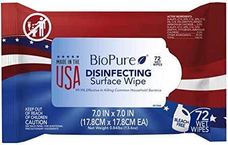 BioPure Made in The USA Sanitizing Disinfectant Cleaning Wipes EPA Approved 72 ct | Bleach-Free Non-Abrasive Multi-Surface Wipes | Kills 99.9% of Common Household Bacteria - 1 Pack