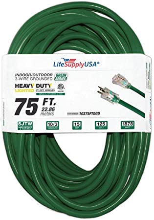 75 ft Extension Cord 10/3 SJTW with Lighted end - Dark Green- Indoor / Outdoor Heavy Duty Extra Durability 15 AMP 125 Volts 1875 Watts ETL Listed - by LifeSupplyUSA