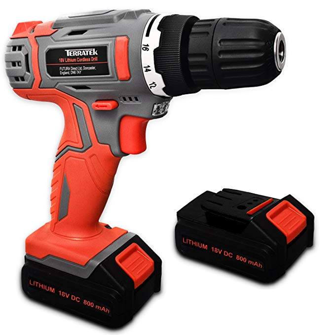 Terratek Cordless Drill Driver with 2 x Batteries 18V/20V-Max Lithium-Ion Combi Drill, Electric Screwdriver 13pc Accessory Kit, LED Work Light, 2 x Quick Change Battery & Charger Included (Upgraded)