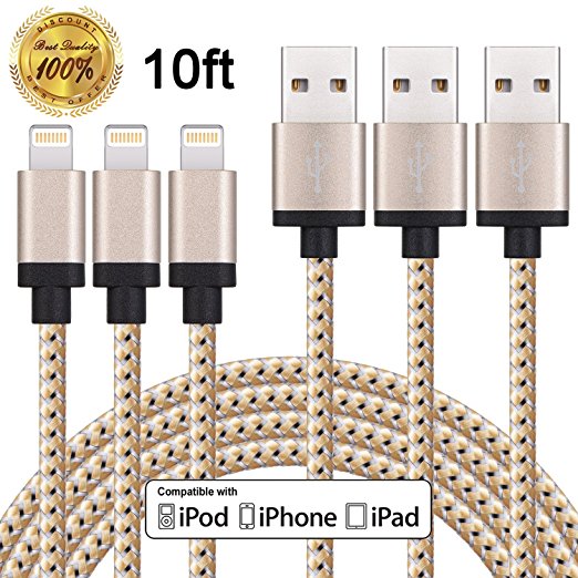 Winage 3Pack 10ft Nylon Braided Lightning to USB Charge & Sync Cable Cord with Aluminum Connector Compatible with iPhone 7/7Plus,6/6s/6plus/6splus, 5c/5s/5/SE, iPad Air/Mini, iPod Nano/Touch (Gold)