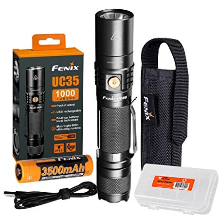Fenix UC35 V2.0 2018 Upgrade 1000 Lumen Rechargeable Tactical Flashlight with 3500mAh Battery and Lumen Tactical Organizer