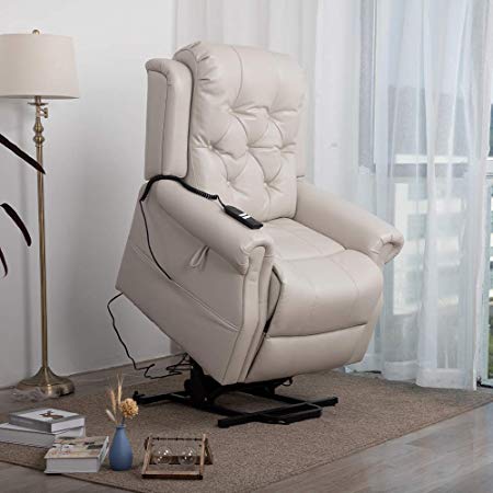 Irene House （Dual Motor） Lays Flat Electric Power Lift Recliner Chairs Sofa for Elderly Tufted Comfortable （Breath Leather ）,Soft and Sturdy(Cream)