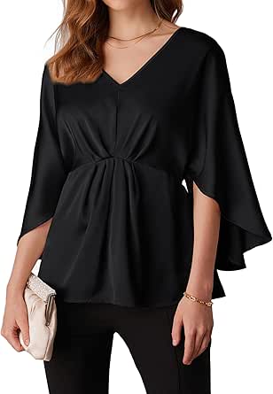 GRACE KARIN Women's Satin Silk Peplum Top 3/4 Batwing Sleeve Tops for Women Dressy Elgant Blouses Tops