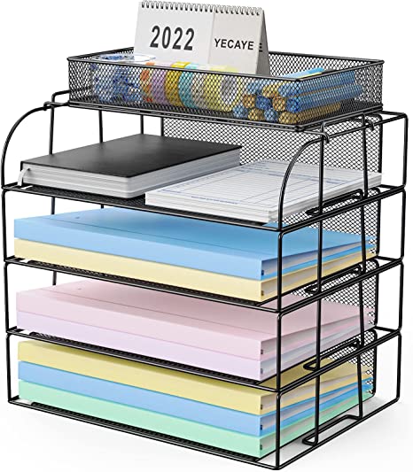 Yecaye Desk Organizer, 5 Tier Metal Mesh Desk Organizer and Accessories, Stackable Desk File Organizer Trays, Office File Folder Holder for A4 Folders, Paper Organizer for Desk on School & Home