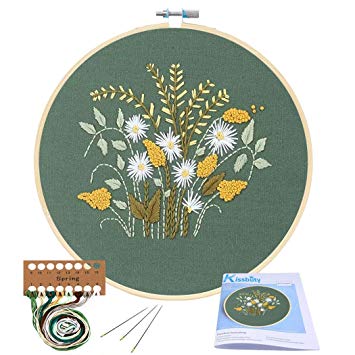 Full Range of Embroidery Starter Kit with Pattern, Kissbuty Cross Stitch Kit Including Embroidery Cloth with Floral Pattern, Bamboo Embroidery Hoop, Color Threads and Tools Kit (Flowers Plants)