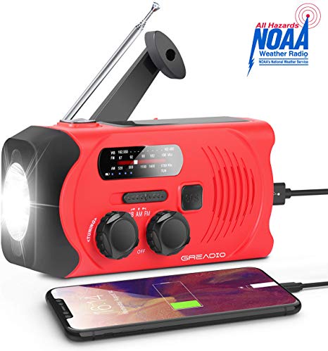 Emergency AM/FM/NOAA Weather Solar Crank Radio with SOS Alarm, Bright Flashlight and 2000mAh Power Bank for Emergency and Outdoor Activies (RED)