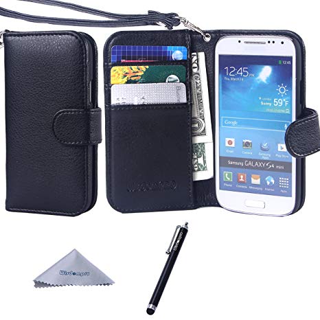 Wisdompro S4 Mini Case, Premium PU Leather 2-in-1 Protective Folio Flip Wallet Case with Credit Card Holder Slots and Wrist Lanyard for Samsung Galaxy S4 Mini (NOT S4 FIT) -Black with Lanyard