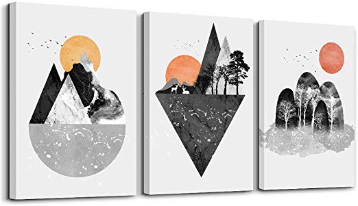 Wall Art Abstract Sunrise and Sunset Canvas Prints Framed Wall Art Paintings Abstract Geometry Wall Artworks Pictures for Living Room Bedroom 12x16inch/piece,3 Panels Home Bathroom Wall Decor Posters