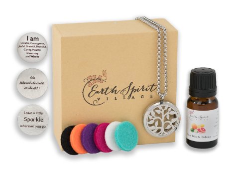 Aromatherapy Diffuser Necklace Gift Set, Stainless Steel Tree Locket and Chain, 3 Interchangeable Inspiration Jewelry Charms   6 Refill Pendant Pads and Bottle Of Our Essential Oil