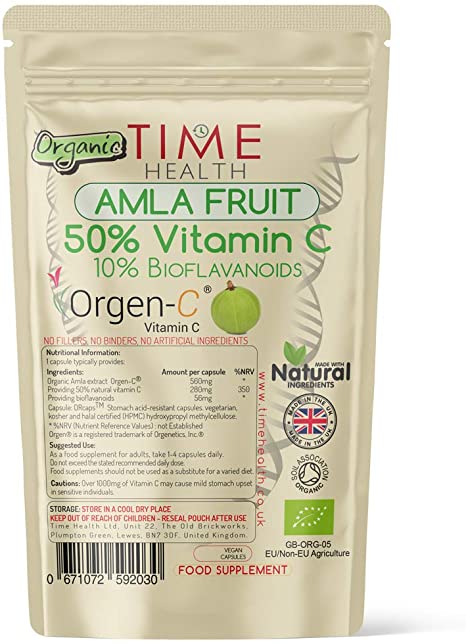 Organic Amla Fruit Extract Capsules – Natural & Wholefood – 50% VIT C / 10% Bioflavanoids – Premium Brand ORGEN C – Delayed Release for Maximum Absorption (60 Capsule Pouch)