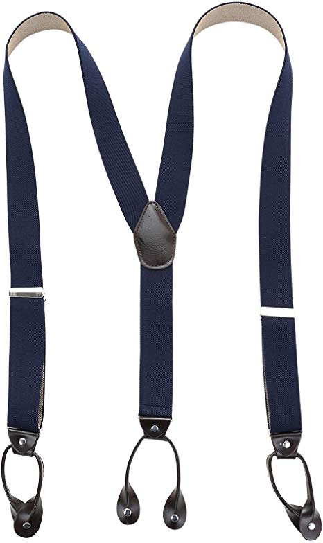 Mens Elastic Adjustable Braces Suspenders - Y back with Leather Button End and Strap