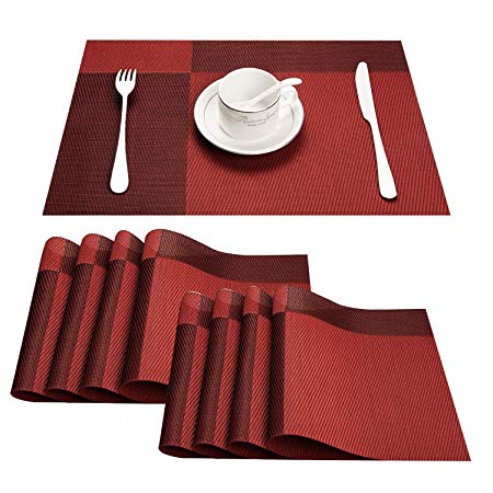 Top Finel Eco-friendly Colorful Plaid Placemats Table Mats Washable Heat-resistant for Dining Table 12" By 18" (Set of 8, Red)