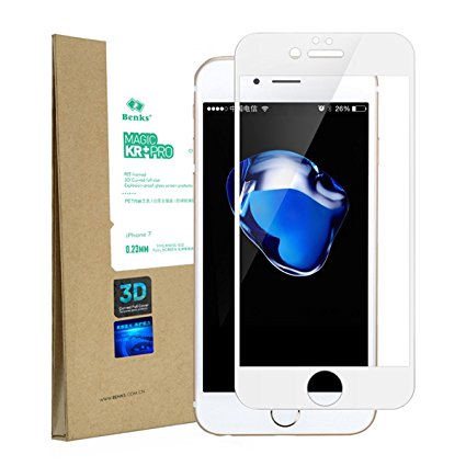 iPhone 7 Plus Screen Protector, No Edge Breakage, Benks 0.23mm 3D Full Coverage Soft Curve Edge Premuim [9H] Tempered Glass Anti-Scratch Bubble Free/ High-Response (White For 5.5'')