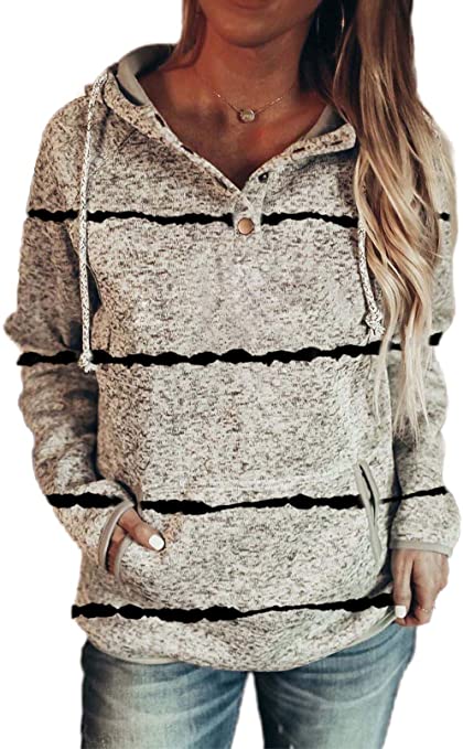 Dokotoo Womens Button Collar Drawstring Stitching Sweatshirts Hoodies Pullover