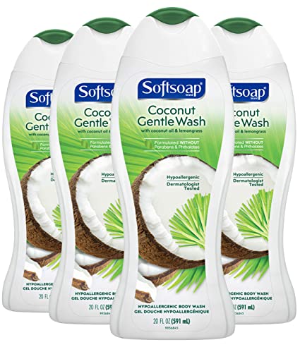 Softsoap Gentle Wash Hypoallergenic Body Wash, Coconut Oil and Lemongrass - 20 fluid ounce (4 Pack)
