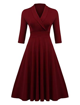 ELESOL Women's Vintage V Neck Half Sleeve Pleated Flared A Line Swing Dress