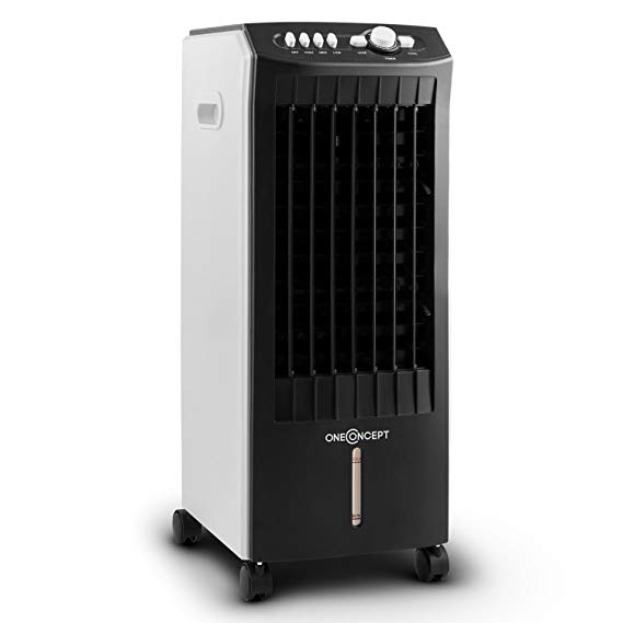 oneConcept MCH-1 V2 3-in-1 • Air Cooler • Ventilator • Fan • Radiator • Mobile • Humidifier • Air Purifier • 65W • 400 m³ / h Air Flow • Ideal to Small to Medium-Sized Rooms • Solid Blowing Direction or Automatic Pivoting Movement of the Slats • Black