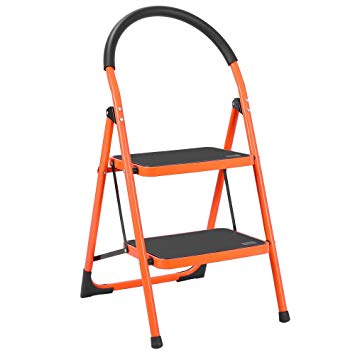 LUISLADDERS 2 Step Ladder Anti-Slip Folding Stool Sturdy Steel Ladder 330lbs EN131 Lightweight with Handgrip Anti-Slip and Wide Pedal