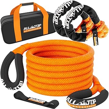 ALL-TOP Kinetic Recovery Rope with 2pcs 1/2in Soft Shackles, 48000 Lbs (1in x 30ft Orange) Extreme Duty 30% Elasticity Energy Snatch Strap for 4x4 Offroad Vehicle