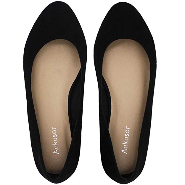 Women's Wide Fit Flat Shoes - Comfortable Classic Pointy Toe Slip On Ballet Flat Black