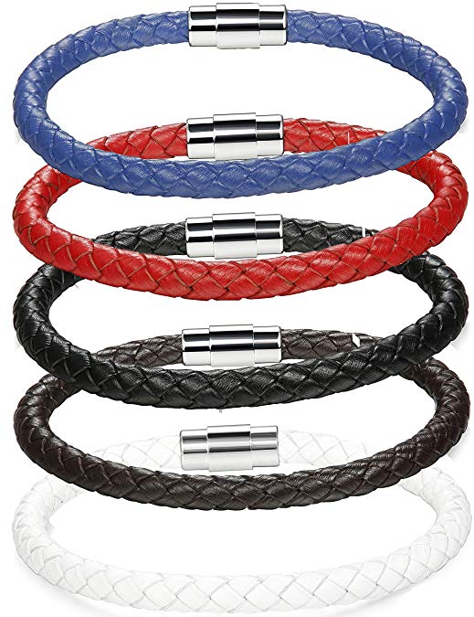 LOLIAS 5 Pcs 6MM Leather Bracelets for Men Women Braided Rope Bracelets Magnetic Clasp 7.5-8.5 in