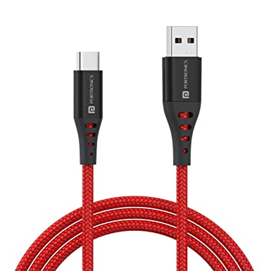 Portronics Konnect Dash 2 Type C Cable with 65W Super VOOC Flash Charge, 6.5A Output, Nylon Braided, Fast Data Sync, 1M Length(Red)