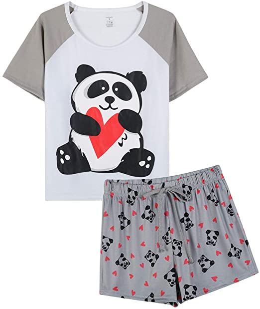 VENTELAN Pajamas for Women Cute Cartoon Sleep Tee Shirt Shorts Set Summer Sleepwear