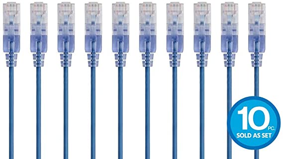 Monoprice 10-Pack SlimRun Cat6A Ethernet Network Patch Cable 10G 2ft Blue