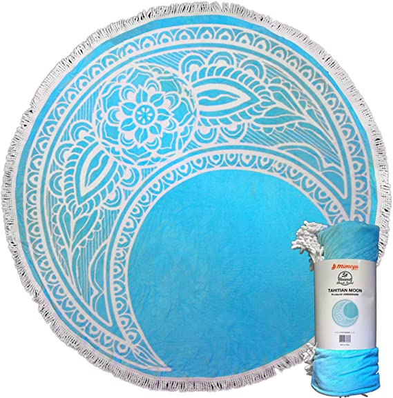 Mimosa Inc Round Beach Towel Ultra Plush 100% Cotton Terry Velour Throw Mat with Thick Artisan Tassels, 5ft, Tahitian Moon