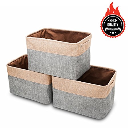 Collapsible Storage Bin Basket [3-Pack] Awekris Storage Box Foldable Canvas Fabric Tweed Storage Cube Bin Set With Handles - Brown / Gray For Home Office Closet